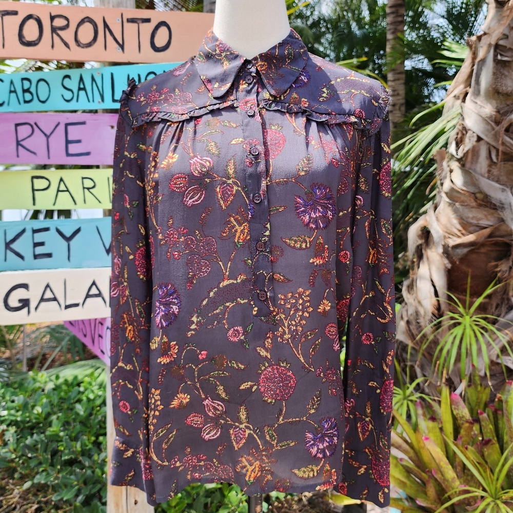 Antik Batik Alina Dark Floral Henley Shirt Sz XS